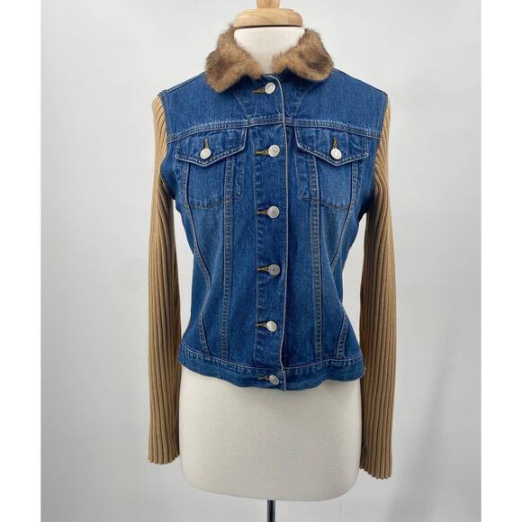 Y2K No Boundaries Denim Ribbed Knit Jacket Button Down Faux Fur Collar XS-Small - Picture 2 of 7